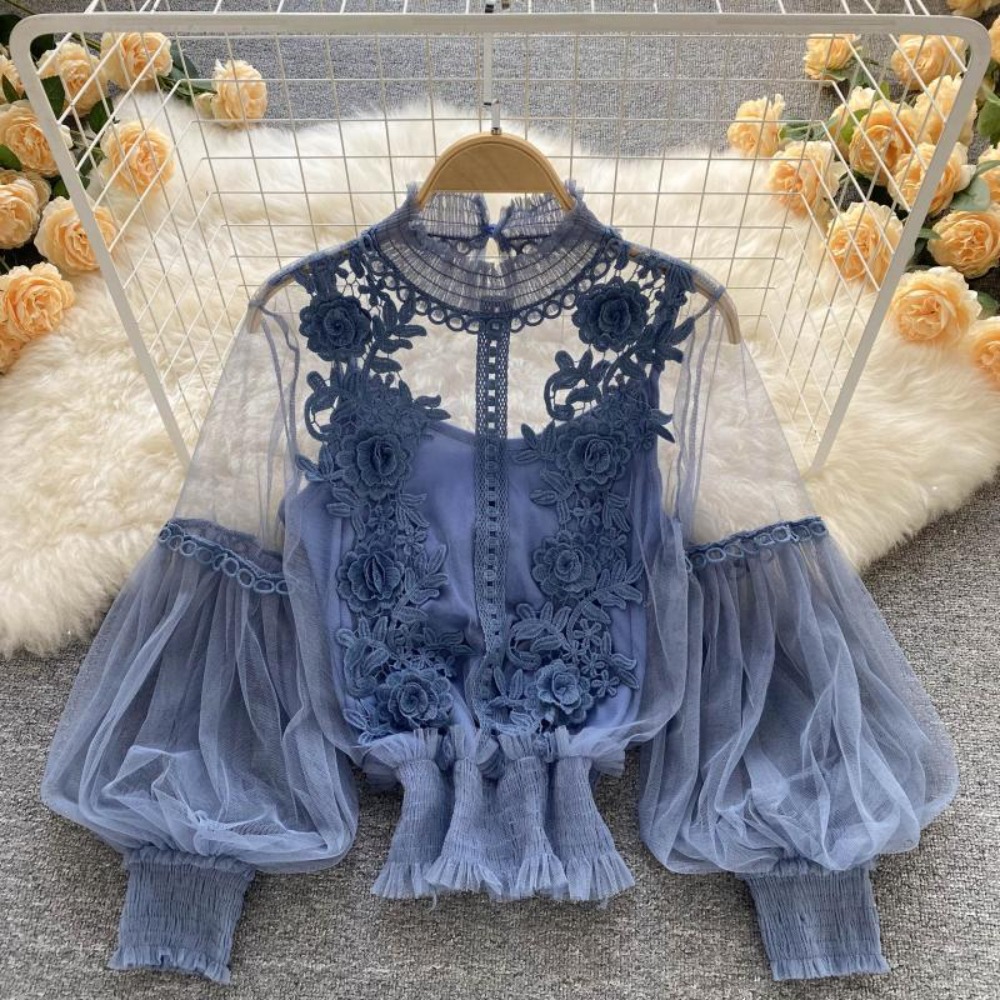 Puff Sleeve Blouse - 2Pcs/Set Lace Puff Long Sleeve Blouse