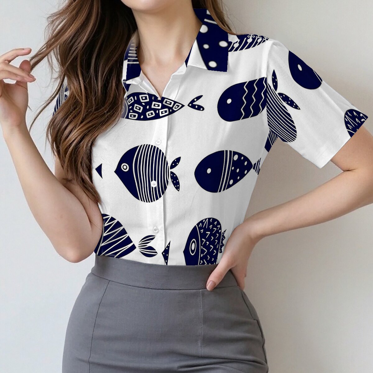 Women Fashion Fun - Women's Summer Short-Sleeve Lapel Shirt, Cartoon