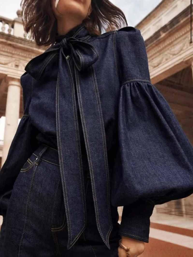 Puff Sleeve Blouse - AW Urban Imitation Denim Blouse Tops