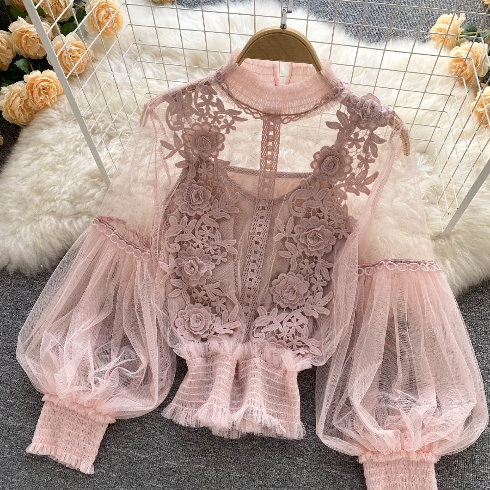 2Pcs/Set Lace Puff Long Sleeve - Puff Sleeve Blouse 评论和价格