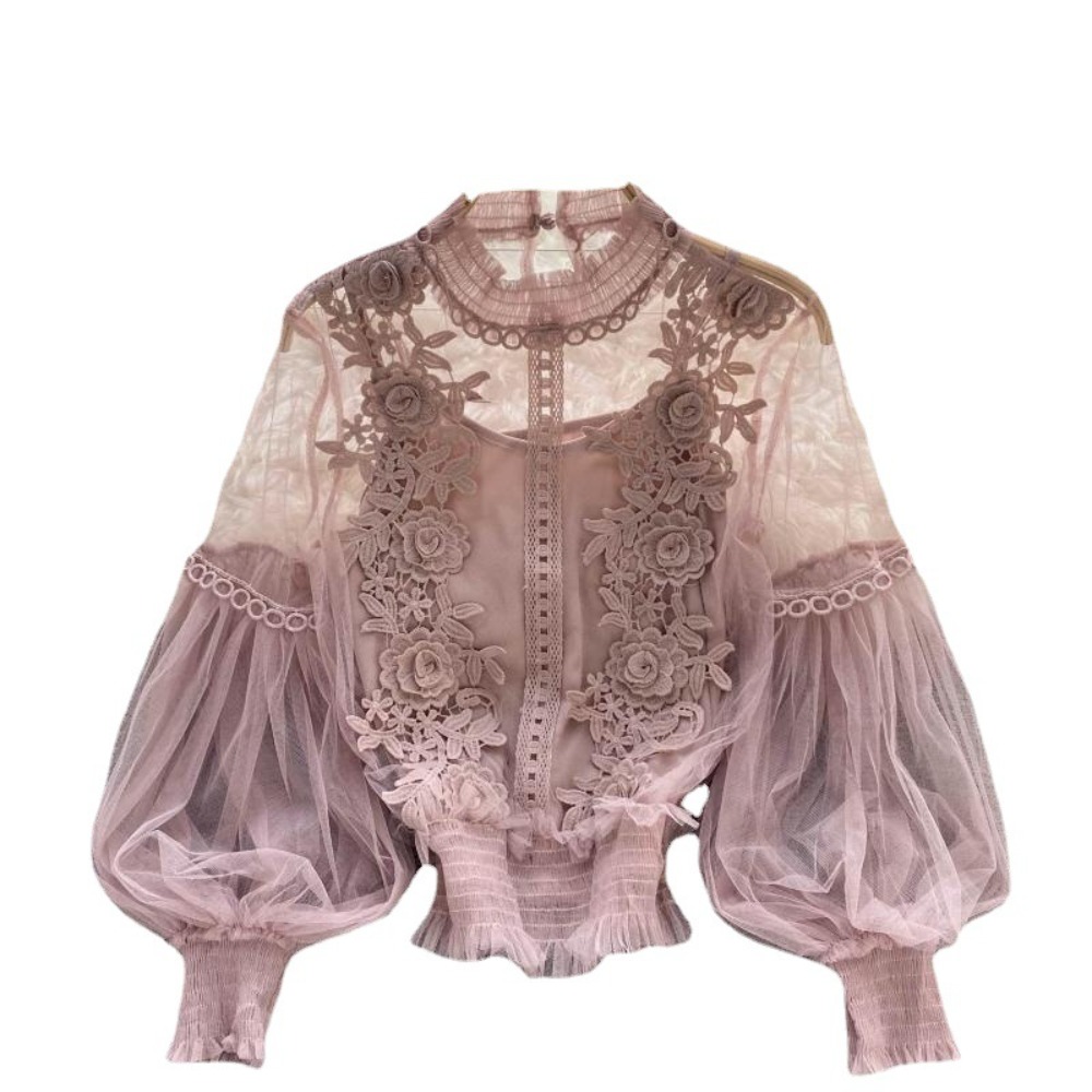 2Pcs/Set Lace Puff Long Sleeve - Puff Sleeve Blouse 评论和价格