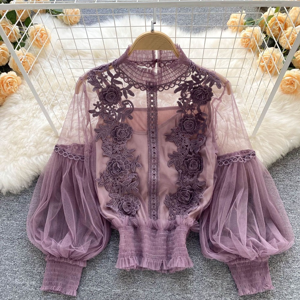 2Pcs/Set Lace Puff Long Sleeve - Puff Sleeve Blouse 评论和价格