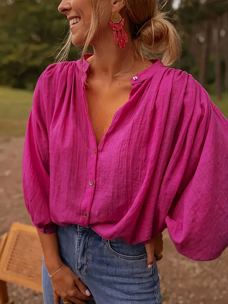 New Elegant Stand-up Collar Lo - Puff Sleeve Blouse 评论和价格