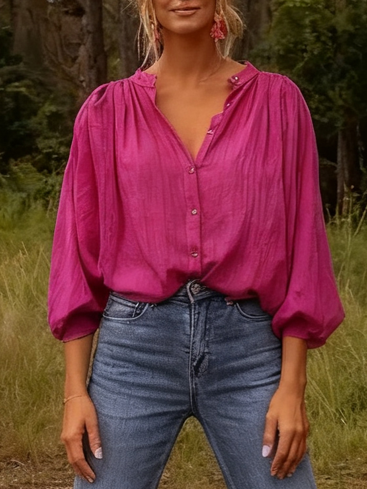 New Elegant Stand-up Collar Lo - Puff Sleeve Blouse 评论和价格