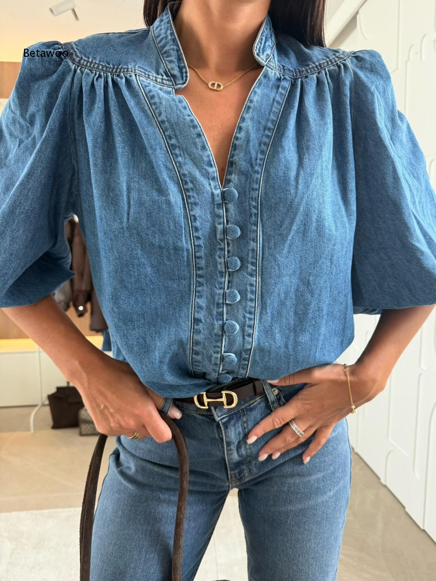 Women Stand Collar V Neck Deni - Puff Sleeve Blouse 评论和价格
