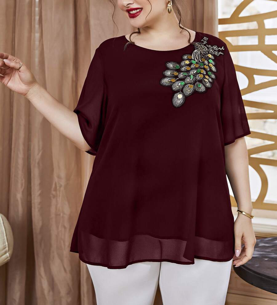 Plus Size Women's Embroidered  - Puff Sleeve Blouse 评论和价格
