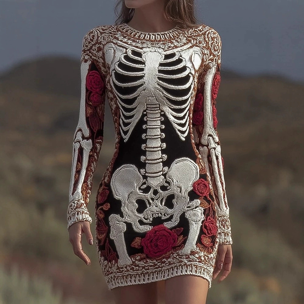 Spooky Gothic Skull Round Neck - Bodycon Dress Women 评论和价格